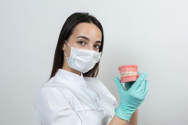 El dentista médico de la muchacha en una bata blanca tiene una simulación de los dientes.