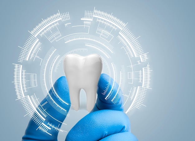 El dentista mira el diente. Concepto para tecnologías innovadoras, medicina del futuro,
