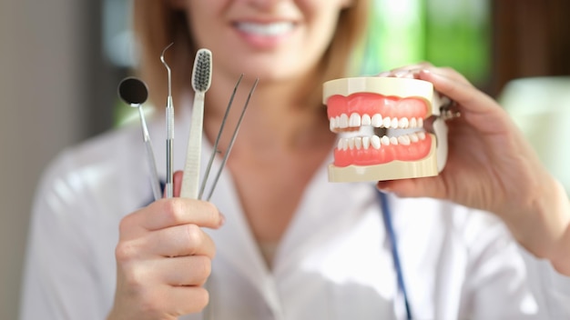 Dentista mostra modelo de mandíbulas humanas e ferramentas de cuidados com os dentes no consultório do hospital médico explica oral