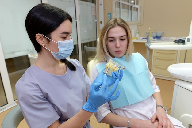 Dentista mostrando una mandíbula artificial a un cliente. El dentista muestra en la mandíbula artificial cómo cepillarse los dientes. El paciente se sienta en una silla y escucha los consejos del dentista.