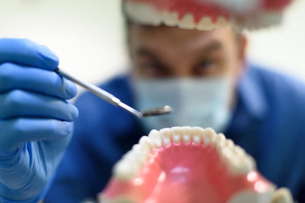 Dentista mostrando un modelo de dientes El concepto de una clínica dental moderna