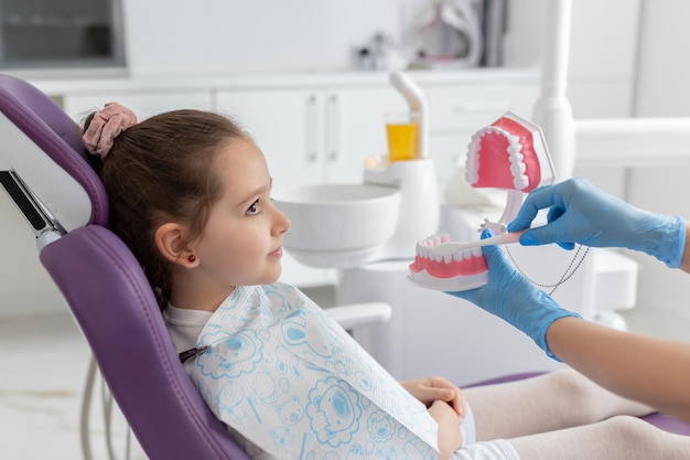 Dentista mostrando a una niña con dentaduras postizas cómo cepillarse los dientes correctamente