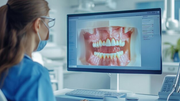 Un dentista mostrando a un paciente una imagen digital de sus dientes en una pantalla de computadora durante una consulta
