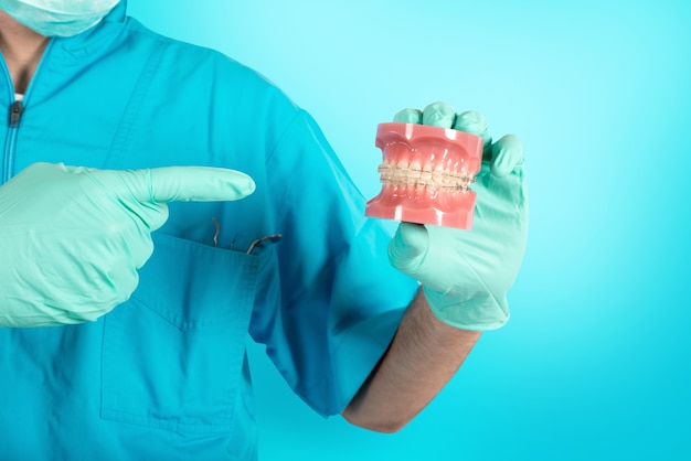 El dentista muestra cómo aplicar un aparato ortopédico