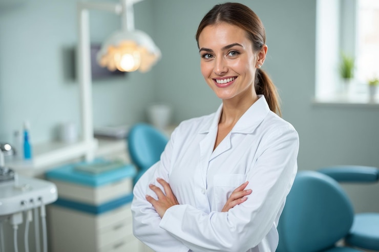Foto dentista mujer de pie con las manos cruzadas dentista confiada de pie en la oficina del dentista