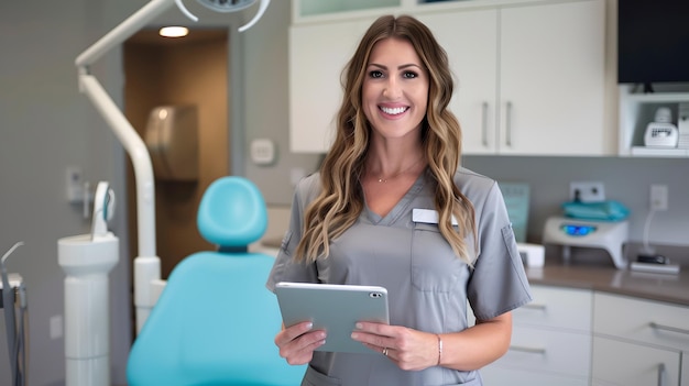 Foto dentista mujer sonriente en una oficina moderna sosteniendo una tableta trabajador profesional de atención médica dental ambiente clínico limpio personal médico accesible ia