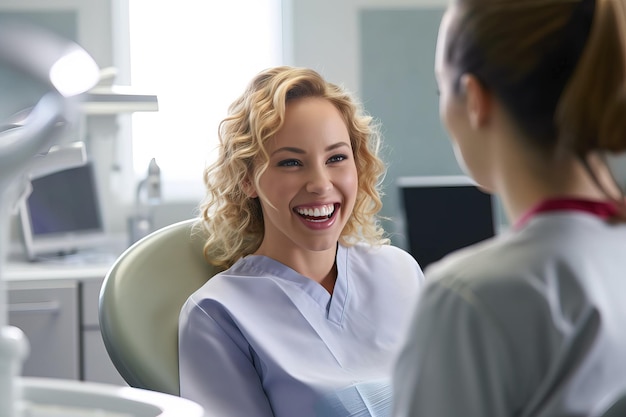 una dentista con un paciente sonriendo