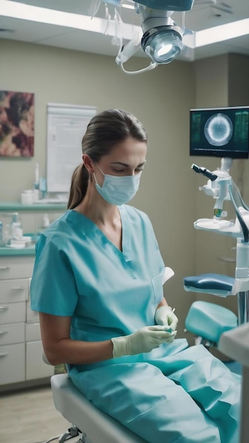 El dentista prepara la anestesia en el consultorio dental en el fondo el paciente mira la inyección