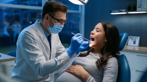 Foto un dentista profesional trata y examina la cavidad oral de una niña embarazada en una oficina dental moderna