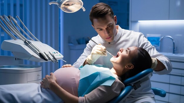 Foto un dentista profesional trata y examina la cavidad oral de una niña embarazada en una oficina dental moderna