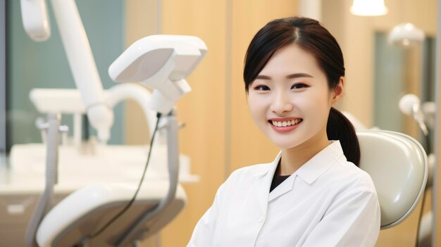 Dentista profissional chinês luvas de casaco branco clinica dentária sorridente