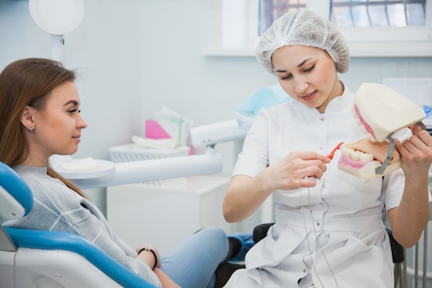 Dentista profissional feminino mostra higiene dos dentes no modelo de mandíbula. Estomatologista e paciente em consultório clínico. Conceito de cuidados com os dentes