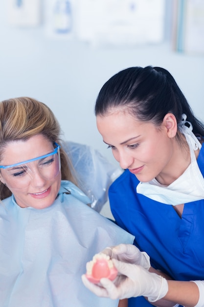 Dentista que muestra paciente modelo de dientes