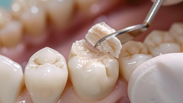 Foto un dentista está quitando el relleno del diente de un paciente. la boca del paciente está abierta y el dentista está usando un taladro dental para quitar el relleno.