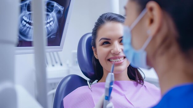 Dentista segura y paciente Dentista segura hablando con su paciente mientras está sentada en la silla del dentista