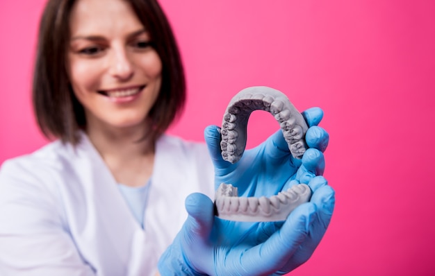 Dentista segurando nas mãos modelos de gesso dentário