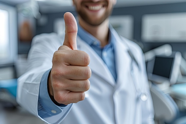 Foto un dentista sonriente le da un pulgar arriba una atmósfera positiva y amistosa indica que el médico tiene confianza en sus habilidades y es accesible a sus pacientes