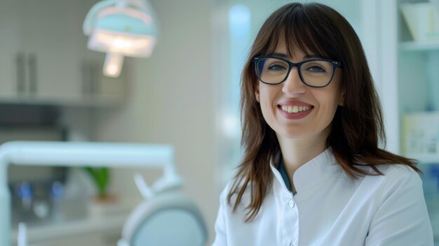 Dentista sorridente numa clínica dentária moderna