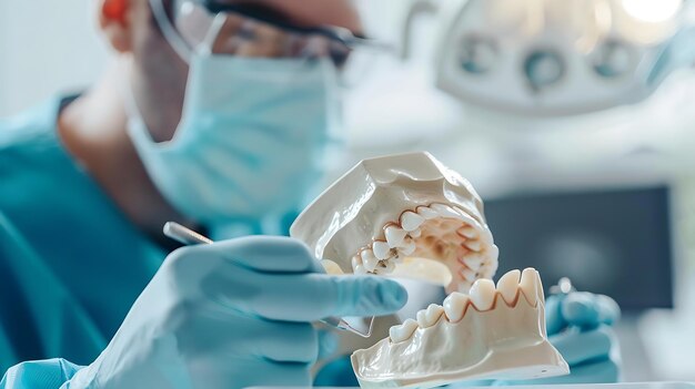 Un dentista con un uniforme azul y guantes examina los dientes de un paciente usando un espejo de boca y un explorador