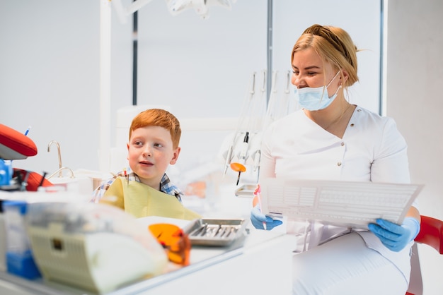 Dentista usando máscara. Dentista infantil ruivo usando máscara examinando menino bonito