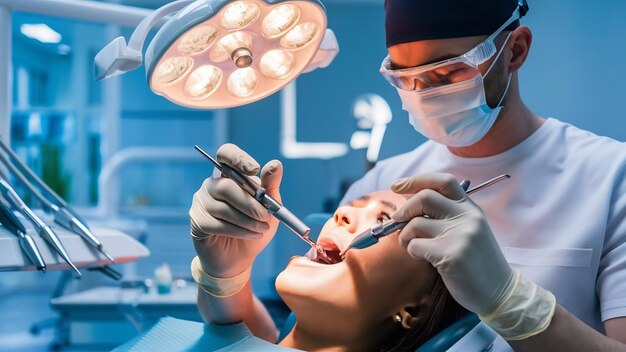 Foto dentista usando pinzas quirúrgicas para extirpar un diente en descomposición clínica dental moderna