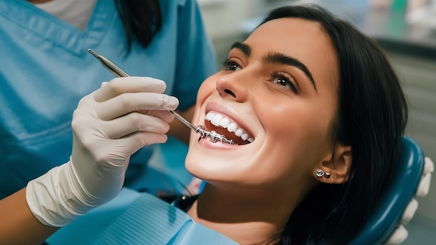 Dentista verificando os dentes do paciente com suportes metálicos no consultório da clínica dentária