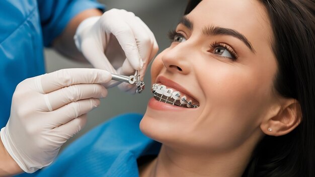 Foto dentista verificando suporte nas aparelhos ortopédicos na paciente feminina perto de pessoas reais