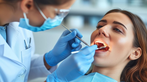 Foto dentista verificar gigi pasien usando equipamentos