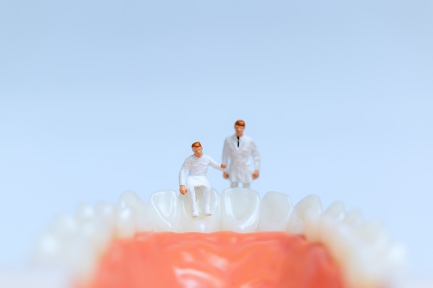 Dentistas em miniatura, observando e discutindo sobre dentes humanos com gengivas