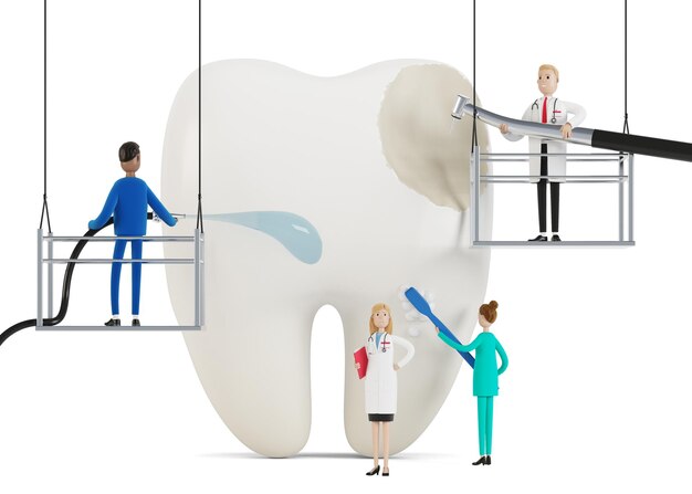 Los dentistas limpian, tratan un diente enfermo y dolorido. Los médicos limpian, perforan la placa dental y la caries dental. Concepto de trabajo de odontología. Ilustración 3D en estilo de dibujos animados.