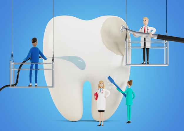 Los dentistas limpian, tratan un diente enfermo y dolorido. Los médicos limpian, perforan la placa dental y la caries dental. Concepto de trabajo de odontología. Ilustración 3D en estilo de dibujos animados.