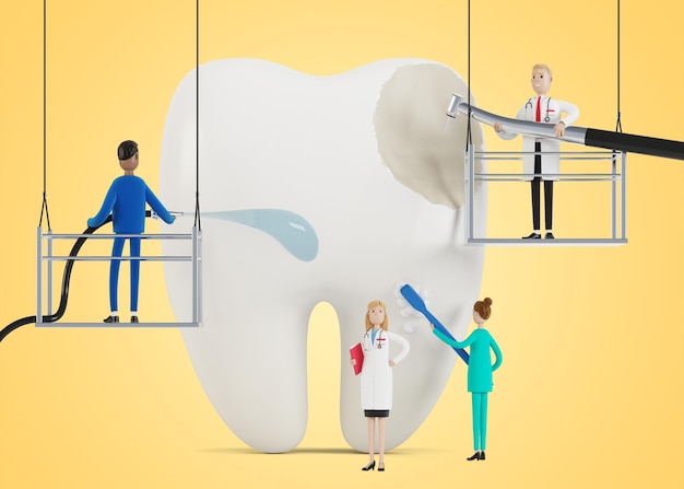 Los dentistas limpian, tratan un diente enfermo y dolorido. Los médicos limpian, perforan la placa dental y la caries dental. Concepto de trabajo de odontología. Ilustración 3D en estilo de dibujos animados.