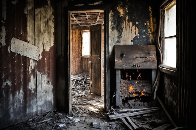 Dentro de una antigua casa de campo quemada los efectos del fuego