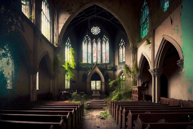 Dentro de la antigua iglesia abandonada está dominada por la naturaleza y no hay rastros del hombre