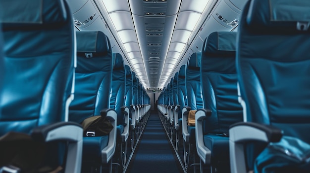 Dentro de un avión con asientos azules