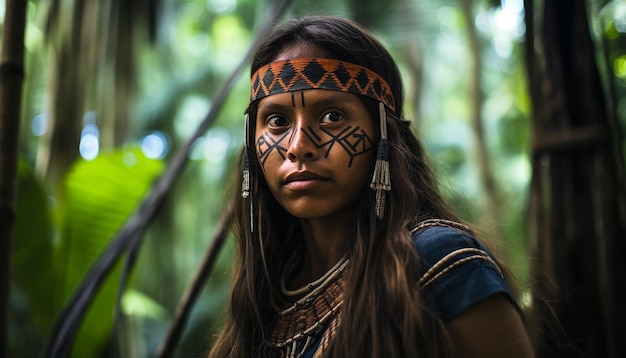 Foto dentro del bosque amazónico grandes árboles una mujer yanomami hermosa foto