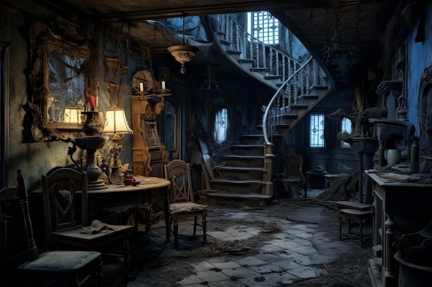 Dentro de una casa embrujada abandonada