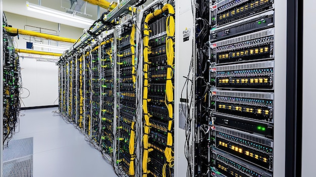 Dentro de un centro de datos moderno filas de servidores y cables de red