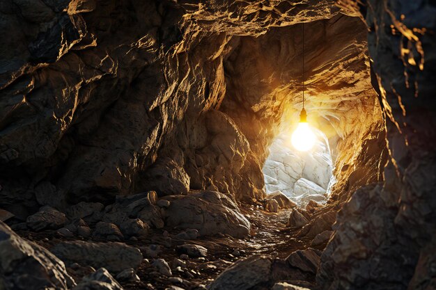 Dentro de una cueva con la luz del sol brillando a través del agujero en la roca