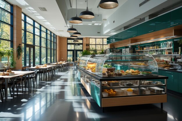 dentro da cozinha Cantina escolar em estilo moderno fotografia publicitária profissional