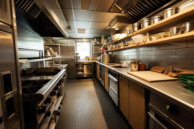 Foto dentro da cozinha limpa de um restaurante moderno ou mini café com utensílios de cozinha e pequeno balcão de bar