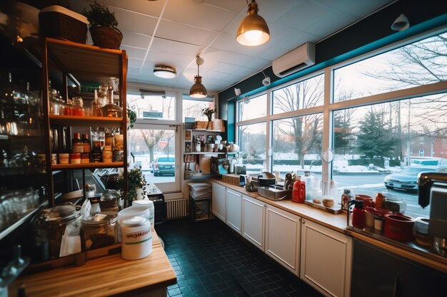Foto dentro da cozinha limpa de um restaurante moderno ou mini café com utensílios de cozinha e pequeno balcão de bar