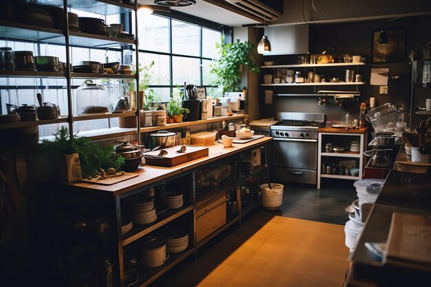 Foto dentro da cozinha limpa de um restaurante moderno ou mini café com utensílios de cozinha e pequeno balcão de bar