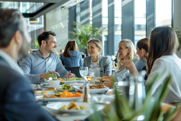 Dentro da empresa, uma equipa de profissionais de negócios caucasianos reúne-se para um almoço animado.