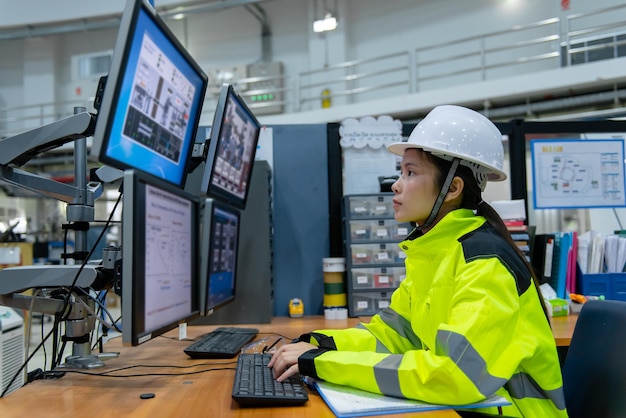 Dentro da grande fábrica da indústria Engenheira de computação feminina trabalha em computador pessoal Ela programa de codificação para máquina de controleAs pessoas da Tailândia trabalham em monitores de quatro