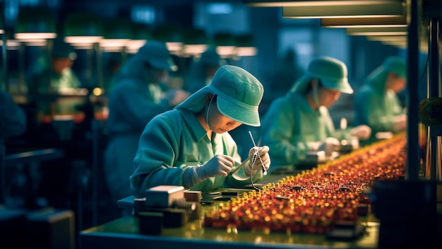 Dentro da movimentada fábrica chinesa de semicondutores, trabalhadora asiática Generative AI