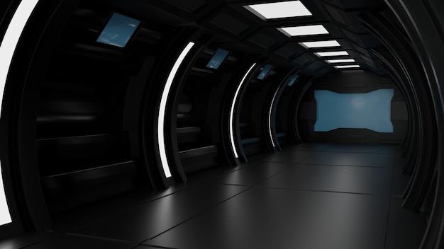 Foto dentro da nave espacial ou corredor de túnel scifi interior da estação espacial com renderização 3d de espaço vazio