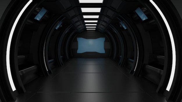 Dentro da nave espacial ou corredor de túnel SciFi interior da estação espacial com renderização 3D de espaço vazio