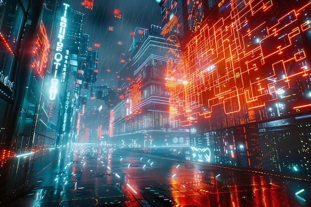 Dentro da paisagem urbana distópica uma rede de glowin generative ai