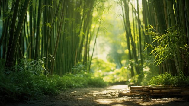 Dentro da Selva Experimente a vegetação exuberante de um bosque de bambu de um ângulo baixo onde árvores altas criam um dossel sereno